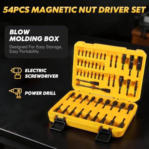 Upgraded 54-Piece Impact Magnetic Nut Driver Set, 1/4" Metric & SAE Impact Drill Driver Bit, Wing Nut Driver, Screwdriver Bit, Socket Adapters, Quick-Release Extension, Bit Extension Holder