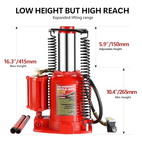 Air Hydraulic Bottle Jack, 32 Ton All Welded Bottle Jack, Air-Operated Low Profile Bottle Jack with Handle, Lifting 10.4-16.3", Bottle Jack for Sedans SUV Travel Trailer Minivan Bus RV Red - size: 32 T-Red