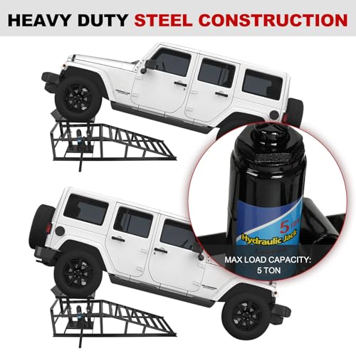 2 Pack Heavy Duty Steel Car Lift Ramp 5T Adjustable 9.8-15 Inch Height | Low Profile Car Lift Service Ramps Truck Trailer Garage 5T 11050lbs，Hydraulic Vehicle Ramp-Black - size: 5T-black