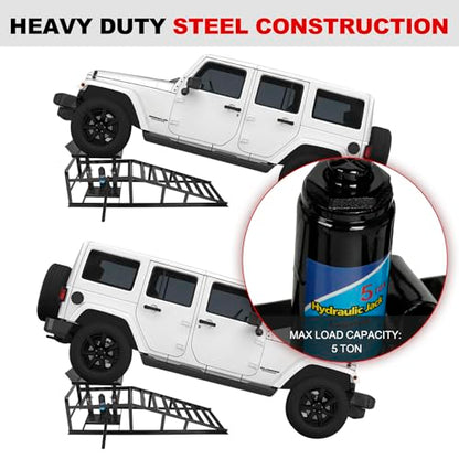 2 Pack Heavy Duty Steel Car Lift Ramp 5T Adjustable 9.8-15 Inch Height | Low Profile Car Lift Service Ramps Truck Trailer Garage 5T 11050lbs，Hydraulic Vehicle Ramp-Black - size: 5T-black