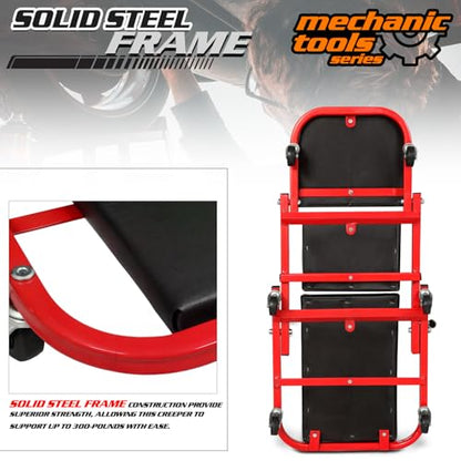 M-AUTO Foldable Z Creeper 2-in-1 Rolling Folding Car Creeper & Seat, 36" Adjustable Roller Garage Chair Lay Down or Sit, 330LBS Capacity Under Car Roller Creeper with 6 Swivel Casters, Red - color: Red, size: 36"