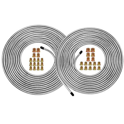 MuHize Dual Brake Line Tubing Kit 3/16 & 1/4" 25Ft | Zinc Double Galvanized Steel Brake Roll, Anti-Rust, Hydraulic Fuel & Transmission Line Replacement, Fits Cars & Trucks - color: Silver
