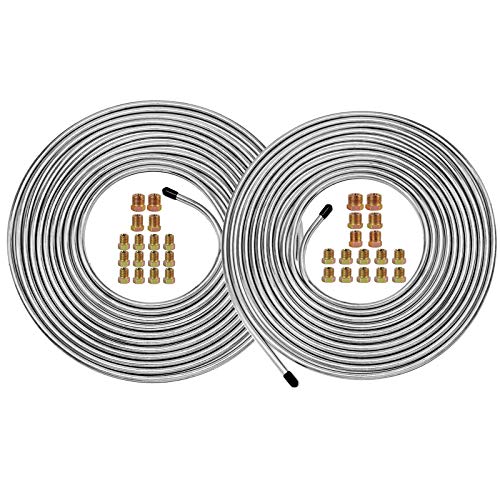 MuHize Dual Brake Line Tubing Kit 3/16 & 1/4" 25Ft | Zinc Double Galvanized Steel Brake Roll, Anti-Rust, Hydraulic Fuel & Transmission Line Replacement, Fits Cars & Trucks - color: Silver