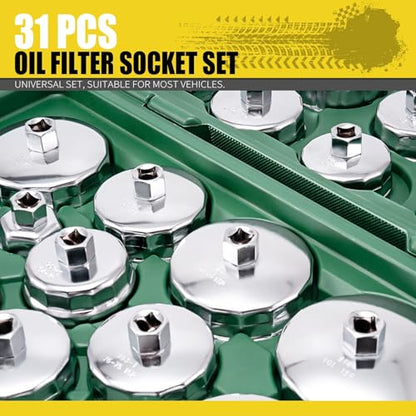 31PCS Oil Filter Wrench Set, Stainless Steel Oil Filter Cap Socket, 1/2" Drive 27mm 32mm 36mm 64mm-101mm Oil Filter Removal Tool, Compatible with VW, Ford, Honda, Toyota, Nissan, Audi, BMW, etc