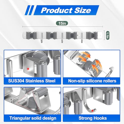 Broom Holder Wall Mount Mop Organizer, 4 Racks 3 Hooks, 2 Pack | Premium Stainless Steel Broom Hanger for Durable Rustproof Tool Rack Storage in Home, Kitchen, Garden, Laundry, Garage - size: 4 Racks 3 Hooks