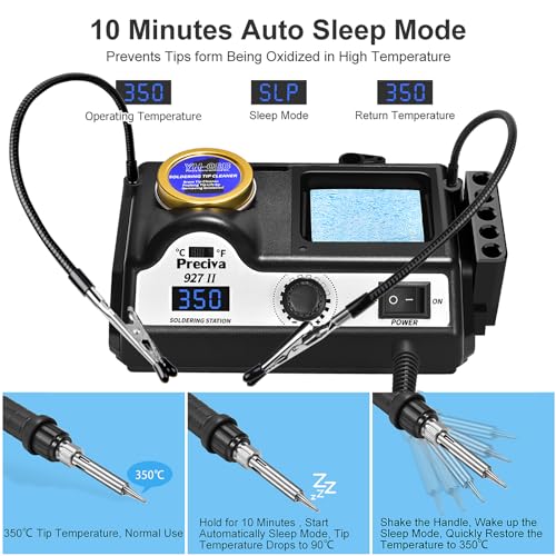 Preciva 927II Digital Soldering Station Kit, 130W MAX High Power with 5 Extra Iron Tips, 2 Helping Hands, Lead-Free Solder, Solder Sucker, Tip Storage Slots, Tip Cleaner, °C/°F Conversion, Auto Sleep - size: 927 IV