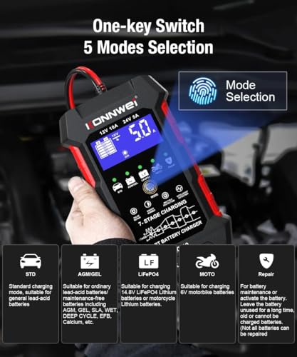 KONNWEI RC-10 Car Battery Tester 12V/24V – 7-Stage Automatic Charger and Pulse Repair Tool, Fast Charging, Trickle Mode, Overheat & Reverse Protection,Fast Charging for Car,Truck,Motorcycle,Marine