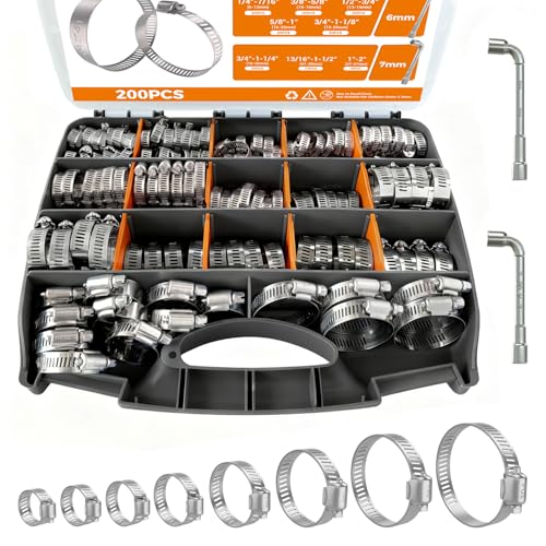 Hose Clamp Assortment 200PCS Hose Clamp 304 Stainless Steel Kit Adjustable 1/4"~2"(6~51mm) Worm Gear Hose Clamp, Heavy Duty Small Hose Clamps for Automotive, Fuel Line, Pipe, Radiator - color: Silver, size: 1/4"~2"(200pcs)