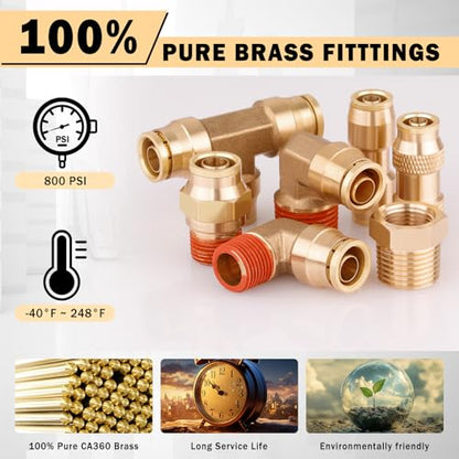 CheeMuii 260 PCS Brass DOT Air Line Fittings Pipe Fittings with 4 Rolls 50FT 1/8" 1/4" 3/8" 1/2" DOT Air Lines Kit Brass Push Lock Air Fittings Compression Air Fittings with Air Hose Pneumatic Tubing - size: 50FT-4ROLL-260PCS