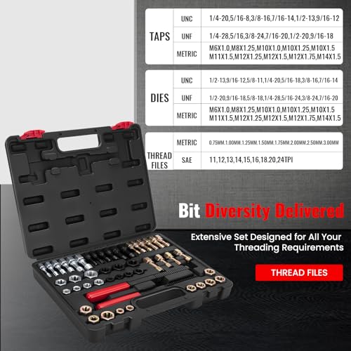 48PCS Thread Chaser Set, Metric SAE Thread Restorer Kit, Thread Repair Kit with 22 Taps 24 Dies 2 Thread Files for Wheel Stud, Spark Plug, Engine, Standard Screw Threading UNC UNF with Case