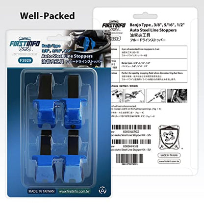 FIRSTINFO Taiwan Banjo, 3/8”, 5/16”, 1/2” Auto Steel Line Stopper Kit | Alloy Steel Fluid Stopper Set for Fuel Rail Hose, A/C Line, Brake Line, Banjo Fitting, F3929 - size: 4 pcs Steel Line Stopper Kit