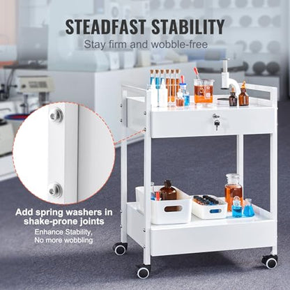 VEVOR Rolling Medical Cart with Lockable Drawer, White Paint Stainless Steel Utility Cart, 2 Tiers Mobile Esthetician Trolley Cart with Swivel Casters for Lab, Hospital, Dental, Salon and Beauty - size: 2-tier with 2 drawer