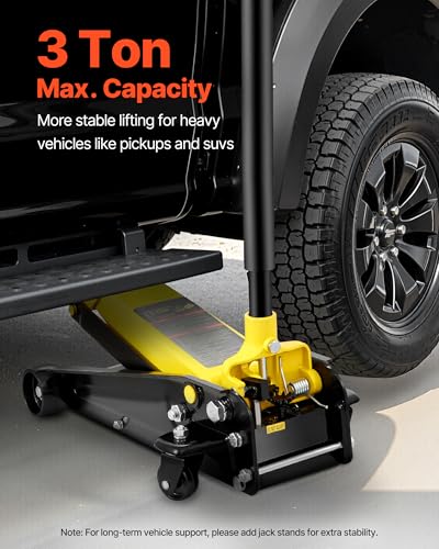 VEVOR 3 Ton Low Profile Floor Jack for All Terrain Vehicles, Heavy-Duty Steel Racing Jack with Quick Lift Pump, 5.12"-20" Lifting Range, 3.0 tons - color: yellow