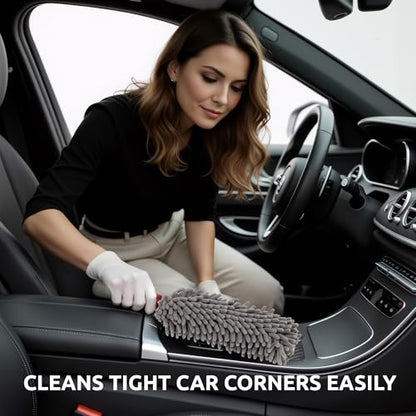 TAKAVU Car Duster Interior, 360° Microfiber Fingers, Lint & Scratch Free | Unbreakable Comfort Handle Duster, Includes Microfiber Towel, Lint-Free & Safe for Car & Home Interior, Gray - size: Microfiber Chenille