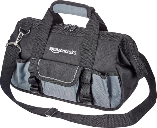 Amazon Basics Durable Wear-Resistant Tool Storage Bag with Adjustable Shoulder Strap,Portable Tool Organizer,16 Pockets,12 in,Black & Gray,(Pack of 8) - size: Small Standard Bag (Pack of 8)