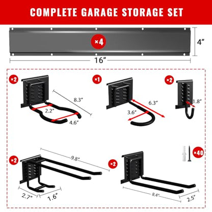 Garage Tool Organizer Wall Mount, Easy to 64inch Install Heavy-Duty Garage Storage System with 9 Adjustable Hooks, Garden Tool Rack for Shovels, Rakes, Yard Tools - size: 64" System - 9 Piece Set