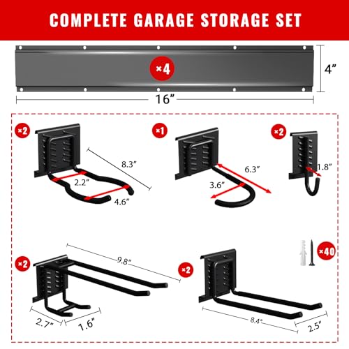 Garage Tool Organizer Wall Mount, Easy to 64inch Install Heavy-Duty Garage Storage System with 9 Adjustable Hooks, Garden Tool Rack for Shovels, Rakes, Yard Tools - size: 64" System - 9 Piece Set