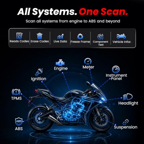 ANCEL MT700 Motorcycle OBD2 Scanner Full Systems, ABS Engine Meter TPMS Diagnostic Tool with 35+ Reset Functions for Harley Indian Yamaha Polaris Piaggio Ducati Honda BMW, AutoVIN, 7”Touch Screen,16G - color: Light black