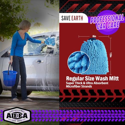 AIDEA Car Wash Mitt Microfiber, 2PK, Car Wash Brush, Blue, 8''X12'' | Scratch Free Lint Free Premium Chenille Microfiber Mitt, Cleaning Supplies, Extra Large Size - color: Blue, size: 2PK-8''X12''