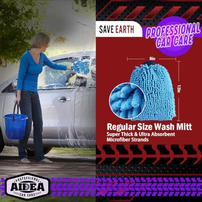 AIDEA Car Wash Mitt Microfiber, 2PK, Car Wash Brush, Blue, 8''X12'' | Scratch Free Lint Free Premium Chenille Microfiber Mitt, Cleaning Supplies, Extra Large Size - color: Blue, size: 2PK-8''X12''