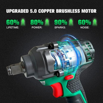 Brushless Cordless Impact Wrench, 550N.m (400 ft-lbs) 1/2" Impact Gun, 2-in-1 Power Drill Combo Kit with 1×Battery, 3-Speed & 4 Sockets and Adapter for Car Tires, Home DIY Tool