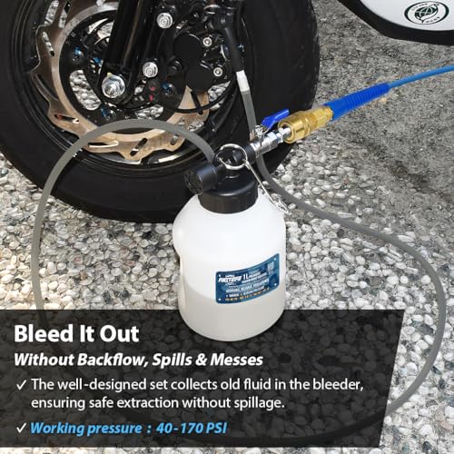 FIRSTINFO Patented 33 oz Vacuum Brake Bleeder, Hands-Free Operation | Pneumatic operation • Lever valve design • Universal rubber adapter • 59 in hose • Brake/clutch service • Made in Taiwan - size: 1L