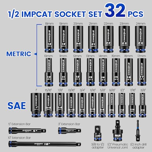 32-Piece 1/2" Drive Impact Socket Set with High-Vis Blue Rings & White Case, Deep SAE & Metric Sockets 10-24mm & 3/8"-1", Cr-V 6-Point Mechanic Tool Set with Extension Bars & Adapters