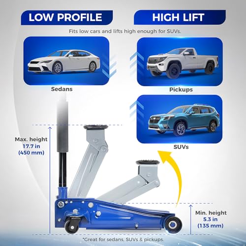 Hantec Floor Jack 3-Ton (6,600 lbs) Low Profile Hydraulic Trolley Jack HGP96 – Rapid Lift Pump, Max Height 17.7", Built-in Safety Valve & 360° Swivel Saddle for Cars, SUVs and Trucks