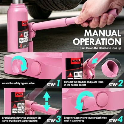 DNA Motoring 4 Ton / 8000 lbs Lifting Automotive Welded Hydraulic Bottle Jack for Car SUV Pickup, Auto Repair, with Manual Handle & Carrying Storage Case, Pink - color: Pink, style: 4 ton