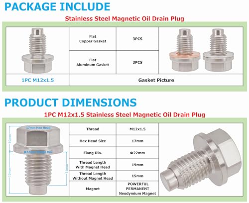 1PC M12x1.5 Stainless Steel Magnetic Oil Drain Plug Fits Polaris RZR Ranger Sportsman ACE Kawasaki KLR650 KLX Ninja Yamaha YZ250 TTR Honda CB CBR CFR Motorcycle ATV UTV SxS BMW Replace 7052306 - size: M12x1.5