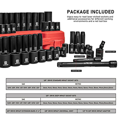 LLNDEI 3/8" Drive Impact Socket Set SAE and Metric (5/16"- 3/4", 8-22mm) 48pcs, CR-V Steel, 6 Point Sockets, Extension Bar (3-in, 6-in), 1/2"F to 3/8"M Reducer Universal Joint - size: 3/8" Socket Set