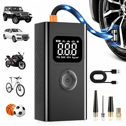 portable air compressor,150PSI air pump for car tires for Car-3X Faster Tire Pump for SUV, Motorcycle, Balls and Bicycle Built-in digital pressure gauge, LED emergency warning light