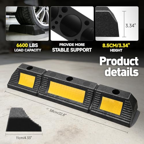 DNA Motoring 2 Pack 22.8" Parking Stopper for Garage, Heavy Duty Garage Parking Aid, Parking Gadgets Protects Car and Garage Walls, w/Reflective Yellow Tape Curb, 22.8" L x 4.33" W x 3.34" H - style: 1 side Reflective Strip
