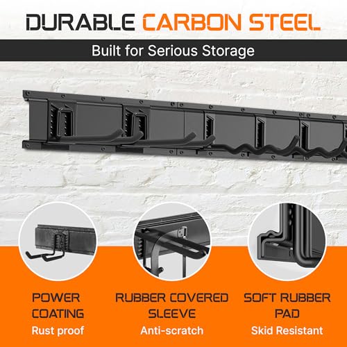 "96 Garage Tool Organizer Wall Mount - Heavy Duty 1020 lbs Metal Storage Rack, Easy Install Adjustable Hooks for Garden Tools Brooms - size: 96 Inch