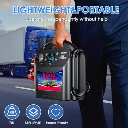8000A 12V/24V Jump Starter for Large Gas & Diesel Engines, Heavy-Duty Portable Battery Booster Pack for Trucks, RVs & Commercial Vehicles with Force Start, Digital Display, LED Light & USB Charging