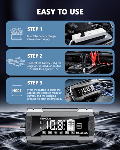 12V 10A Smart Battery Charger Fully Automatic Battery Maintainer Trickle Charger with Pulse Repair LCD Display Temp Compensation for AGM Gel SLA LiFePO4 Flooded Deep Cycle Motorcycle Boat Batteries - color: Gray-Black