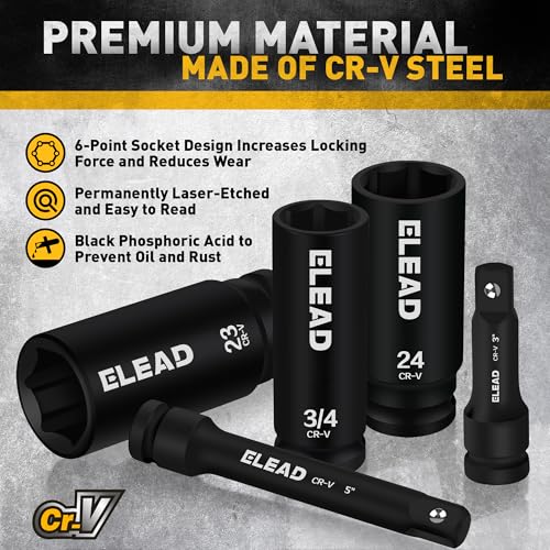 ELEAD 1/2" Drive Deep Impact Socket Set: 30-Piece Standard SAE (3/8 to 1 Inch) and Metric (10-24mm) Size, 3" and 5" Drive Extension Bar, Ratchet Handle, Bit Adapter, CR-V Steel for Auto Repair - style: 30pcs 1/2'' Drive Impact Socket Set