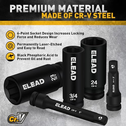 ELEAD 1/2" Drive Deep Impact Socket Set: 30-Piece Standard SAE (3/8 to 1 Inch) and Metric (10-24mm) Size, 3" and 5" Drive Extension Bar, Ratchet Handle, Bit Adapter, CR-V Steel for Auto Repair - style: 30pcs 1/2'' Drive Impact Socket Set