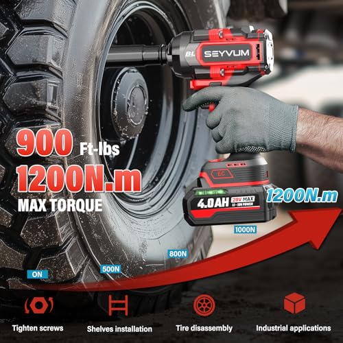 SEYVUM Cordless Impact Wrench, 1/2” Max Torque 900 Ft-lbs / 1200 N.m Powerful Impact Gun, 20V 3500RPM Electric Impact Driver, 2 x 4.0Ah Battery & Fast Charger, 6 Impact Sockets, Carrying Case Included - style: 1200 N.m
