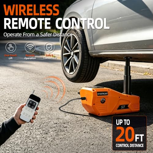 Trihelper Electric Car Jack 5 Ton 12V Hydraulic Jack Lift with Impact Wrench Touch Screen Tire Inflator Pump Wireless Remote 3 Mode LED Light for Roadside Tire Change Cars Sedans SUVs MPVs Trucks