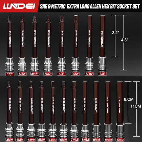 LLNDEI 3/8-Inch Drive Extra Long Allen Hex Bit Socket Set 19PCS- Standard SAE & Metric (1/8"-3/8", 3-12mm), CR-V&S2 Alloy Steel, Durable Tool Accessories Kit for Mechanics
