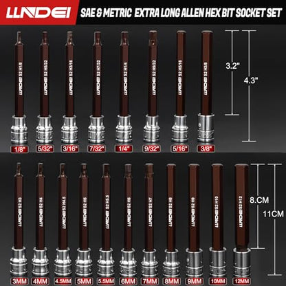 LLNDEI 3/8-Inch Drive Extra Long Allen Hex Bit Socket Set 19PCS- Standard SAE & Metric (1/8"-3/8", 3-12mm), CR-V&S2 Alloy Steel, Durable Tool Accessories Kit for Mechanics