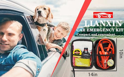 LIANXIN Emergency Car Kit with Jumper Cables Headlamp Car Safety Kits Pale | Roadside Car Emergency Kit Tow Straps, Tape Measure, Rainwear, Multi-tool Kit, Breakdowns Gifts for New Drivers - color: pale