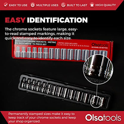 Olsa Tools Metric Shallow Socket Set - 1/4-Inch Drive, 14pc - 6-Point Chrome Sockets from 4mm–15mm and No Skipped Sizes - Mechanic Shallow Metric Socket Set - Professional Grade Sockets - Part: 1328 - color: Metric Shallow, size: 14pc, 1/4-Inch Drive
