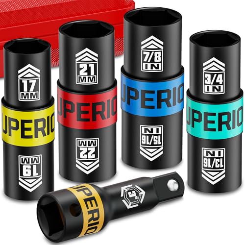 1/2" Drive Lug Nut Impact Socket Set, 5 Pcs Impact Sockets, Flip Socket Set, Thin Wall Nut Sockets with 3" Extension Bar, Remove Bloated Warped, Damaged Lug Nuts - size: 5PCS Metric&SAE