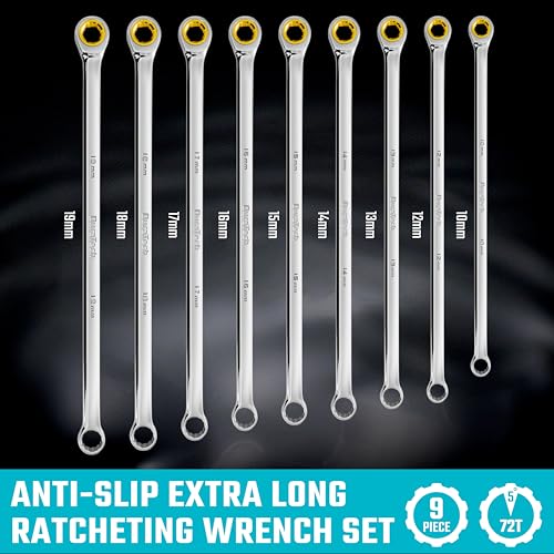 DURATECH Extra Long Anti-Slip Ratcheting Wrench Set, Double Box End Wrench Set, 9-Piece, Metric, 10, 12, 13, 14, 15, 16, 17, 18, 19mm, CR-V Steel, with Rolling Pouch - size: 10-19mm