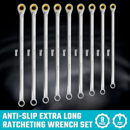 DURATECH Extra Long Anti-Slip Ratcheting Wrench Set, Double Box End Wrench Set, 9-Piece, Metric, 10, 12, 13, 14, 15, 16, 17, 18, 19mm, CR-V Steel, with Rolling Pouch - size: 10-19mm