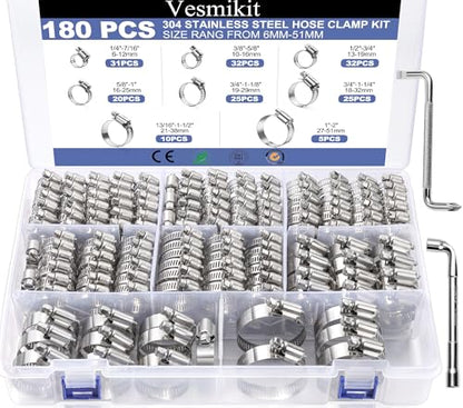 Hose Clamp Assortment- Vesmikit 180 PCS Stainless Steel Hose Clamps Kit 1/4"–2"(6-51mm) Worm Gear Clamps for Fuel Line, Plumbing, Automotive, Mechanical Applications, Pipe, Tube, Radiator, Garden - size: 1/4" - 2"