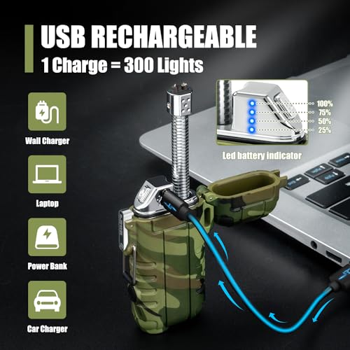 LcFun USB Rechargeable Electric Arc Lighters Windproof Plasma Lighter with LED Battery Display, Waterproof Matches with Flashlight for Camping, Survival Tactical Gear - color: Camouflage, style: Flexible Arc With Flashlight