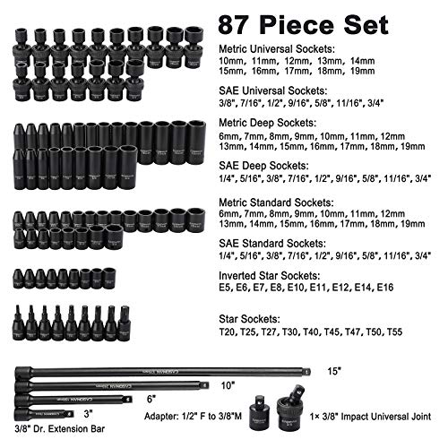 CASOMAN 87PCS 3/8" Drive Master Impact Socket Set, SAE & Metric Standard, Deep, Swivel Sockets,Cr-MO Steel, Includes Star and Inverted Star Socket, Impact Universal Joint, Extension Bars - size: 3/8" Drive
